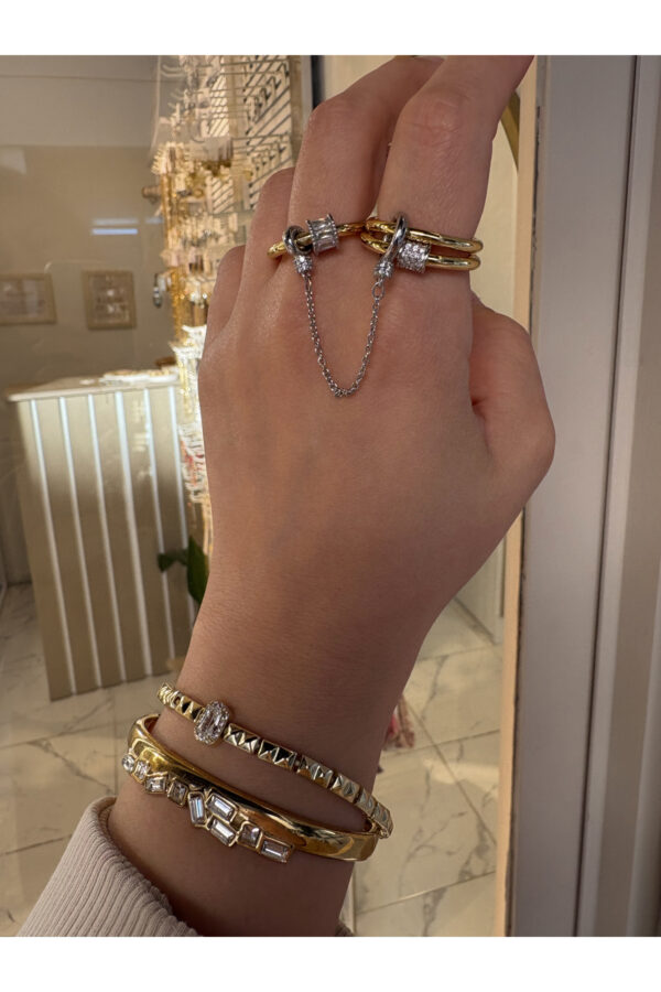 Çelik Üçlü Birleşik Yüzük Silver Zincirli Ayarlanabilir(Kararmaz)